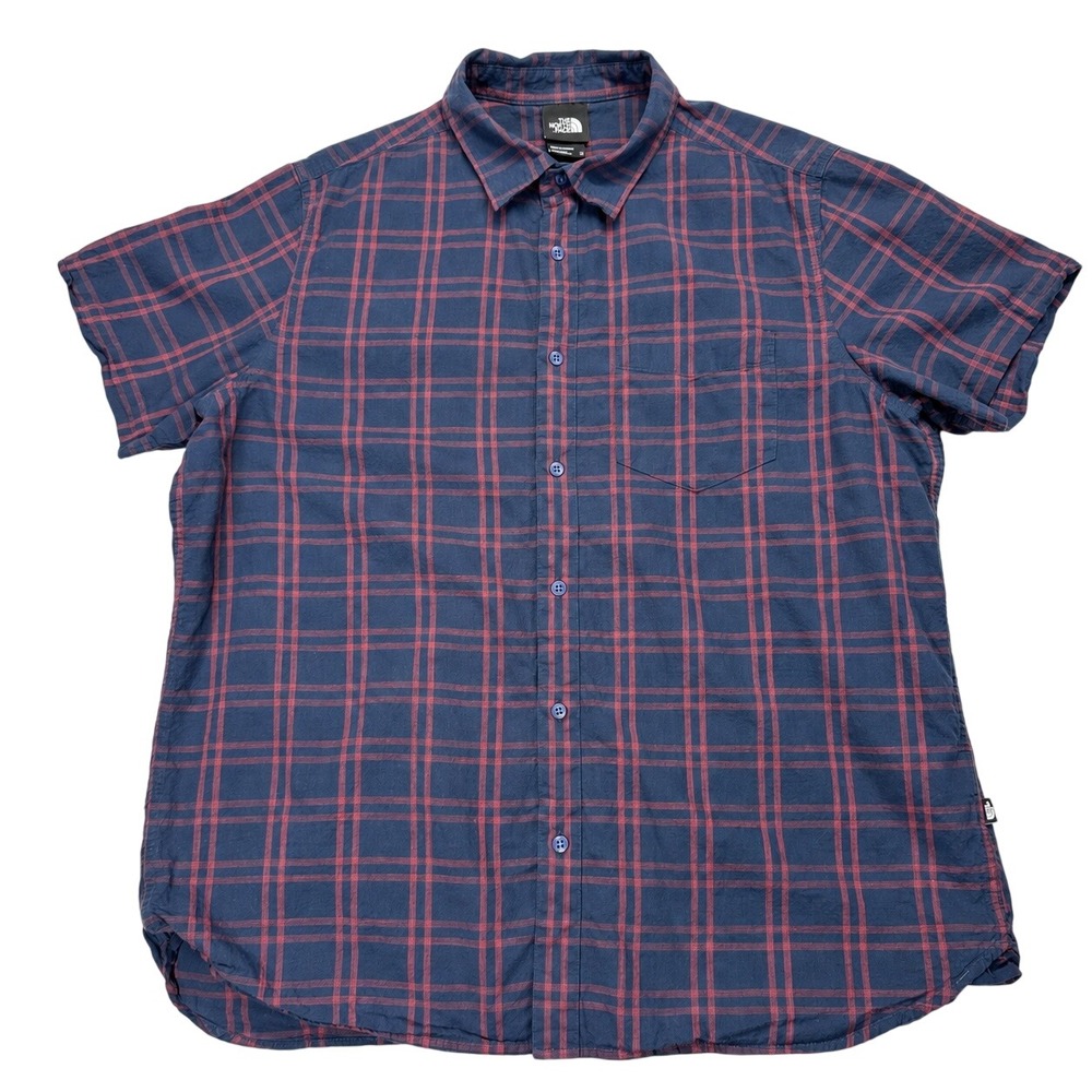 The North Face Plaid Shirt Mens XL Blue Red Short Sleeve Button Down Pocket